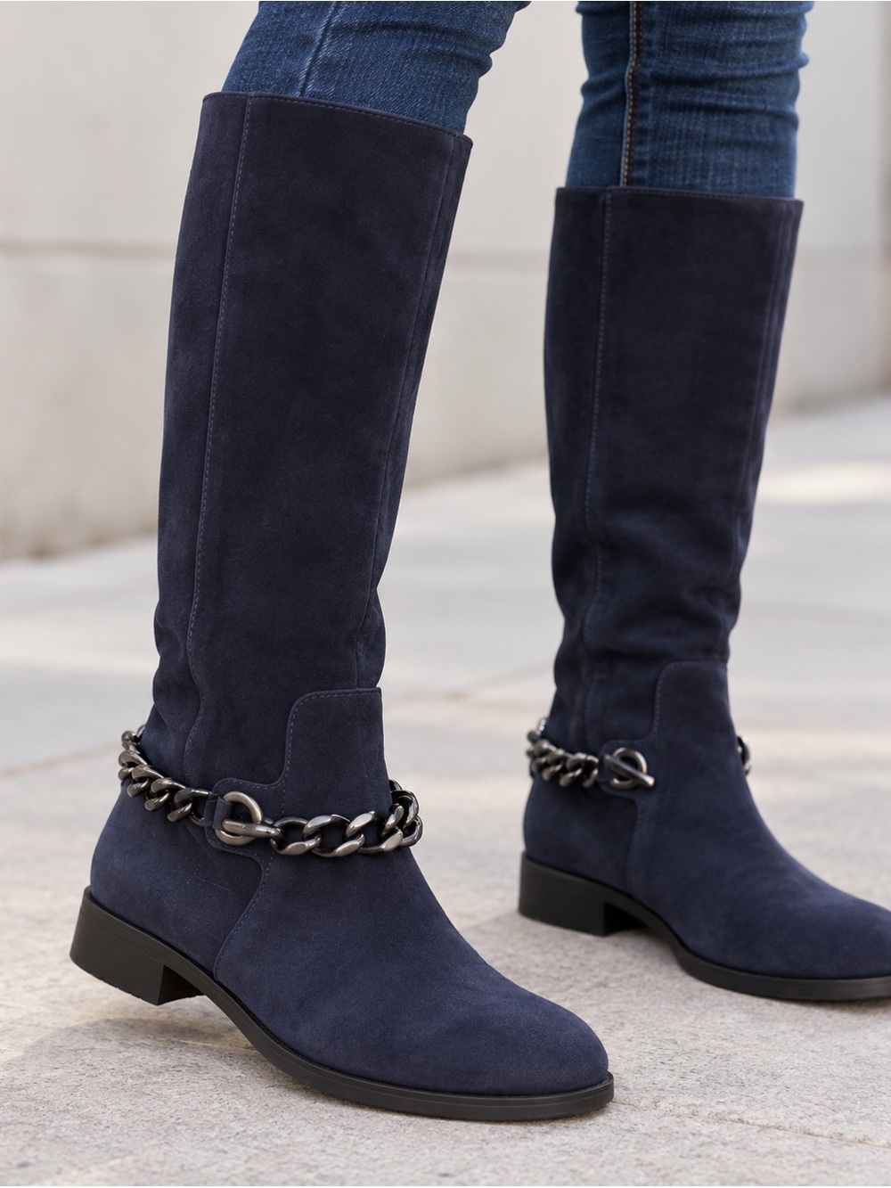 Karl Lagerfeld Women Navy Suede Knee Boots with Gunmetal Chain 8.5